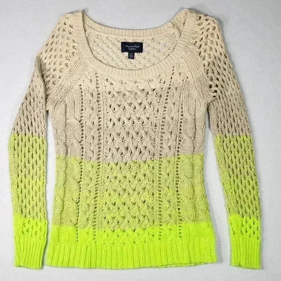 American Eagle AEO Women's Sweater XS Open Weave Ombre Beige Green Soft Pullover - Picture 1 of 16